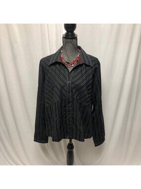 Van Heusen Top Womens Sz XL Black White Striped Long Sleeve Button Shirt Office
